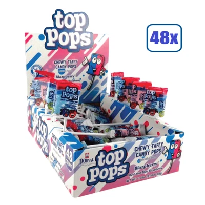 Full Box 48x Pops Dorval Top Pops Blazpberry Chewy Taffy Candy Pops - .35oz