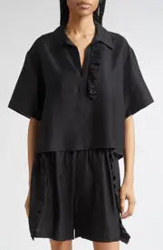 BITE Studios Luna Frill Asymmetric Short Sleeve Shirt in Black at Nordstrom, Size 6 Us
