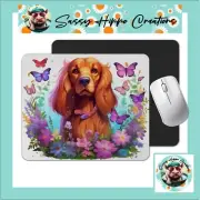 Mouse Pad Cocker Spaniel Puppy Butterflies Anti Slip Back Easy Clean Sublimated
