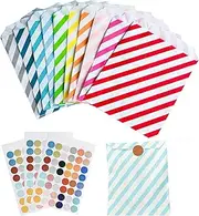 Paper Cookie Bags, 100 Pcs Biodegradable Food Packaging Paper Candy Bags with Labels, 5 * 7 inch Buffet Treat Bag for Birthday Party, Event, Wedding, Festival (10 Colors Stripe Design)