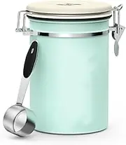 KACOMACO 450g Stainless Steel Airtight Coffee Storage Container, Coffee Grounds Beans Container with Date Dial Release Valve Spoon, Coffee Kitchen Canister with Airtight Lids for Tea Flour(Mint Green)