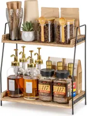 2 Tier Coffee Condiment Storage,Coffee Station Organizer for Countertop, Wooden Kitchen Counter Shelf, Coffee Bar Accessories and Organizer, Coffee Caddy