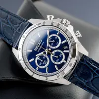 在飛比找PChome24h購物優惠-【SEIKO精工】貴族風範三眼計時皮革腕錶/藍x銀框(SBT