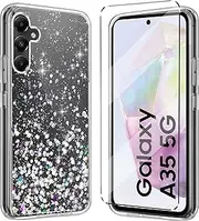 Glitter Bling Case Cover Compatible with Samsung Galaxy A35 Phone Case with 1 Pack Tempered Glass Screen Protector Phone Case,Soft TPU Slim Fit Shockproof Anti-Scratch-Clear