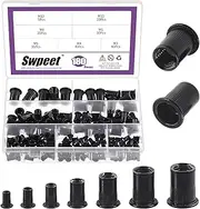 Swpeet 180Pcs 7 Sizes Metric Rivet Nuts Kit, M3 M4 M5 M6 M8 M10 M12 Rivet Nut, Metric Black Zinc Plated Carbon Steel Rivet Nut Inserts Kit, Flat Head Threaded Insert Nut Assort