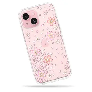 Meteor iPhone 15 6.1吋 奧地利水鑽彩繪防摔殼 - 櫻花