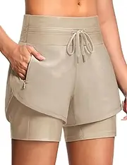 [ISEEGZ] Womens 3" Swim Board Shorts High Waisted Slimming Quick Dry UPF Swim Beach Trunks with Liner and Zipper Pockets