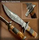 Adam Shaw's CUSTOM HAND MADE DAMASCUS BOWIE KNIFE BURL WOOD HANDLE