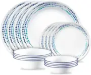 Corelle Ocean Blues 16Pc, Service for 4, Dinnerware Set, 8 Plates 8 Bowls, Chip