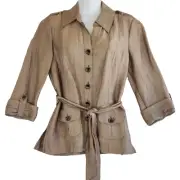 Nordstrom Blouse Top Women's XS Taupe Linen Button Front Belted Roll Tab Sleeve