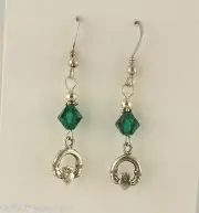 Sterling silver Irish Claddagh Earrings w/ Emerald Green Swarovski Crystal beads
