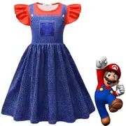 Kids Girls Princess super Mario Cosplay Party Costume Dress Gifts,Denim Red - 4-5 Years