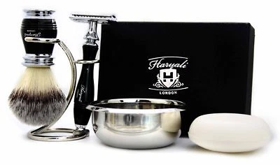 5 PIECES SHAVING SET SYNTHETIC HAIR BRUSH SAFETY RAZOR STAND SOAP PERFECT GIFT
