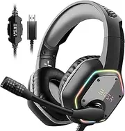EKSA E1000 Gaming Headset for PC, PS4, PS5, USB Wired Headphones with Microphone Noise Cancelling, 7.1 Surround Sound, RGB Light Over Ear Headset for Computer, Laptop Grey