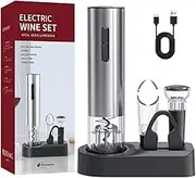 Rechargeable Electric Wine Opener Gift Set, Automatic Opener Battery Operated Corkscrew, with Foil Cutter, Vacuum Stopper, Wine Pourer, USB C Charging Cable, Storage Base, for Wine Lover