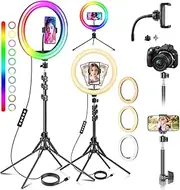 12 inch Selfie Ring Light with Extendable Tripod Stand Mobile Phone Holder for Live Stream Makeup, Dimmable LED Desktop Lamp, 37 RGB Modes, 13 Brightness for Video YouTube TikTok Live
