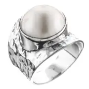 White Mabe Cultured Pearl Bali Handmade Hammered 925 Sterling Silver Ring