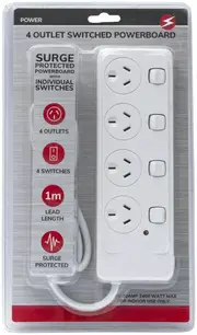 4 Way Outlet Surge Protector Individual Switches 1 Meter 240V Power Board SAA