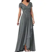 A-Line Mother of the Bride Dress Elegant Simple V Neck Floor Length Chiffon Short Sleeve with Solid Color 2025