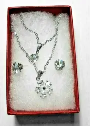 Flower pendant + earring studs, Clear Crystals, Double Chain Necklace, gift box