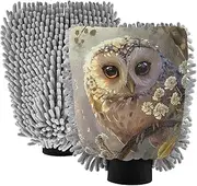 XYMZR White Floral Owl Tree Absorbent Microfiber Car Wash Mitt, Funny Cute Anime Scratch Free for Cars Cleaning, Home Cleaning Mitts, 2 Pack, 10.24” L x 7.09” W