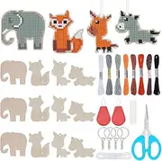 WEBEEDY 12 Sets Animals Wooden Cross Stitch Blanks Kits Make Your Own Cross Stitching Keyrings for Beginners,Wood Sewing Ornaments Hanging Decor for Christmas Party Supplies(Horse,Fox,Elephant,Donkey)