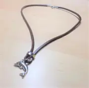 NAUTICAL RHODIUM SILVER TONE DOLPHIN LEATHER CORD SEA LIFE SURF PENDANT NECKLACE