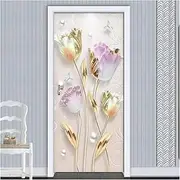 Door Stickers Modern Embossed Tulip Flowers Door Stickers Mural PVC Self-Adhesive 3D Wallpaper Decor Decals (Size : 95x215cm)