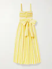 [Loretta Caponi] Loretta Caponi - Anghiari Belted Striped Cotton-blend Poplin Midi Dress - Yellow - small small Yellow