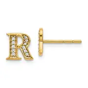 14k Yellow Gold Real Diamond Initial R Earrings