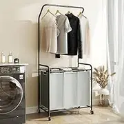 ROMOON Rolling Laundry Basket Organizer with Hanging Clothes Rack: 3 Section Laundry Hamper Sorter with Hanging Bar and Heavy-duty Lockable Wheels - Clothes Rack with Laundry baskets, 2025 Upgrade