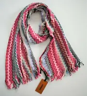 NEW Auth MISSONI ORANGE LABEL Multi ZIGZAG Print COTTON Blend Knit Long Scarf