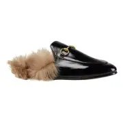 Gucci Princetown Black Patent Leather Fur Loafer Slide Slip Mule Slipper Flat 35