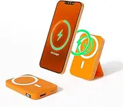 Wireless Portable Power Bank Magnetic10000 mAh Charger Kickstand Battery Pack Mobile iPhone 12, 13, 14 Foldable Led Display (Orange)