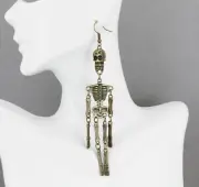 hinged skeleton earrings bronze halloween earrings 4 1/4" long skull and bones
