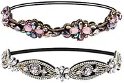 Amariver 2 Pieces Rhinestone Beaded Elastic Headband，Fashion Headbands Handmade Hair Bands Hair Accessories for Lady Woman 20-25" Fits for Most