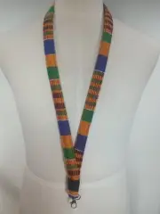 African Kente Lanyard Keychain Authentic Cloth, Silver Swivel Hook Clasp