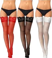 [Sintege] 3 Pairs Fishnet Stockings Fishnet Thigh High Stockings Fishnet Hold up Stockings Lace Top Stockings for Women Girls Costume