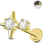 [Jewseen] 925 Sterling Silver Star Cartilage Piercing Internally Threaded Conch Helix Tragus Stud Earring 16G Lip Ring CZ Jewelry for Women Men