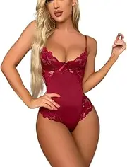 [JINZIJINYU] Sexy Lingerie Outfits Tights Light Pajamas Women Lace Underwear Embroidered Sling Mesh Sexy Bodysuit Ladies Homewear Red XXL