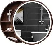 Wall-Mounted Bathroom Mirror Cabinets with Strip Light Bathroom Round Wall-Mounted Vanity Mirror Solid Wood Frame (Brown 60cm/23.6in)