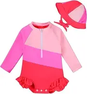 [Naiyafly] Toddler Baby Girl Swimsuit One Piece Swimwear with Sun Hat Long Sleeve Zip Up Floral Ruffle Rash Guard with Snap Bathing Suits Infant Kids Summer Beachwear 3-24 Months