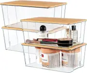 "4 Pack Clear Plastic Storage Bins with Bamboo Lids, Stackable for Organizing"