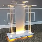 Rolling Table Transparent Acrylic Podium with Wheels, Led Lectern Pulpit on Casters, Reception Guest Table, Welcome Desk, Church, School, Office, Wedding, Clear