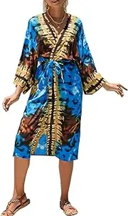 [L-Peach] Women's Bohemian Cardigan Roomy Nightgown Loungewear Beach Dress Cover-ups Robe Kaftan Sarong Pareo
