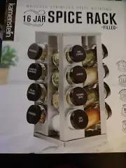 NEW Kamenstein Brushed Stainless Steel 16 Jar Rotating Spice Rack