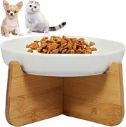 Raised Slow Feeder Cat Bowl, Elevated Cat Bowls with Wood Stand, Ceramic Cat Feeding Bowl Anti Vomiting Cat Food Bowl, Interactive Bloat Stop Cat Feeder, Improves Digestion Pet Bowl (White)