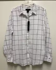 NWT TAHARI Blouse-White Linen/Rayon Button Up Long Sleeve Black Window Pane LG