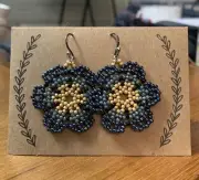 Huichol Flower Beaded Earrings Handmade Metalic Blue Yellow Seed bead Jewely