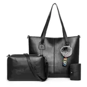 3 in 1 Casual PU Shoulder Bag Ladies Handbag Messenger Bag with Plush Ball (Black)